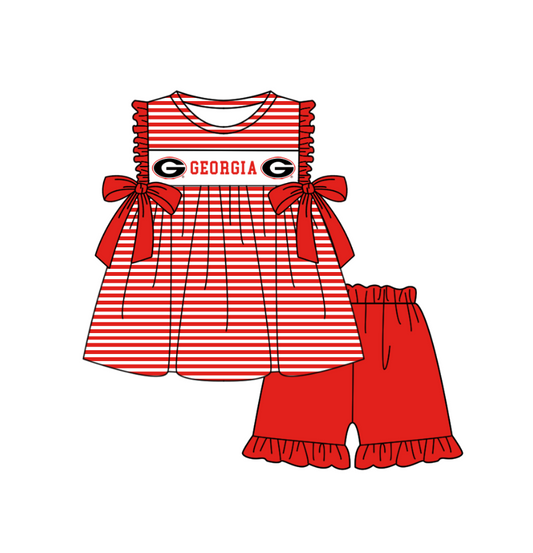 ( Moq 5 ) Baby Girls Toddler Short Sleeves Bows Stripes Tunic Red Shorts Team Set