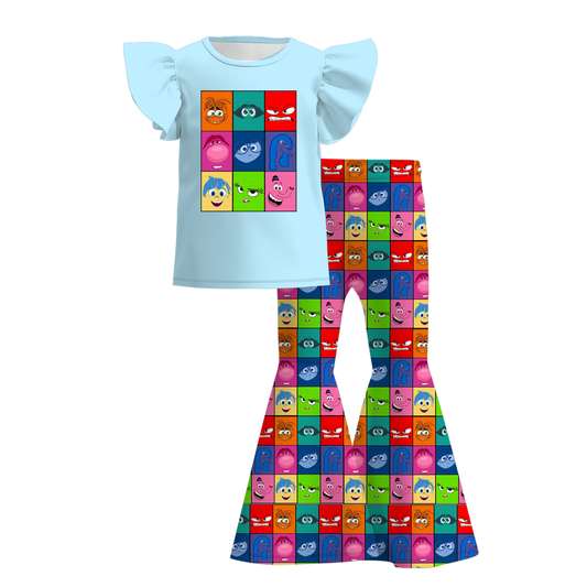 Baby Girl Short Sleeves Blue Monster Shirt Bell Pants Set