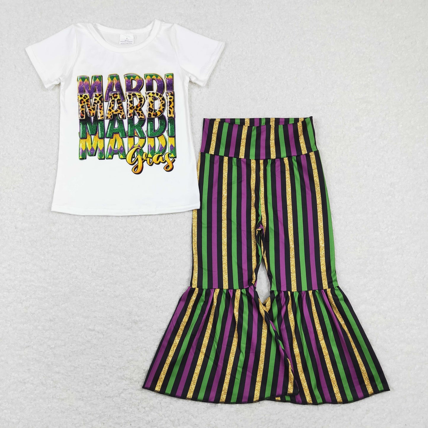 GSPO1394 Mardi Gras Baby Girl Short Sleeves Shirt Stripes Bell Pants Set