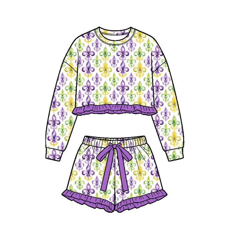 ( Moq 5 ) Preorder Baby Girls Kids Long Sleeves Tractors Shirt Shorts Set Mardi Gras Clothes