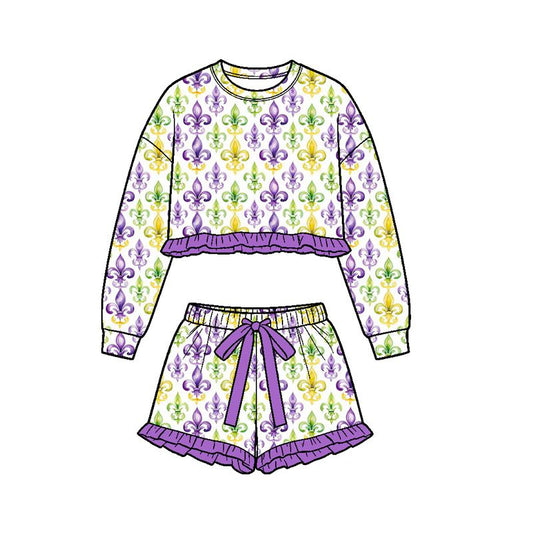 ( Moq 5 ) Preorder Baby Girls Kids Long Sleeves Tractors Shirt Shorts Set Mardi Gras Clothes