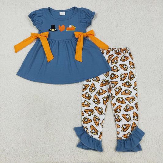 Baby Girl Short Sleeves Embroidery turkey Hat Tunic Ruffle Pants Thanksgiving Set RTS