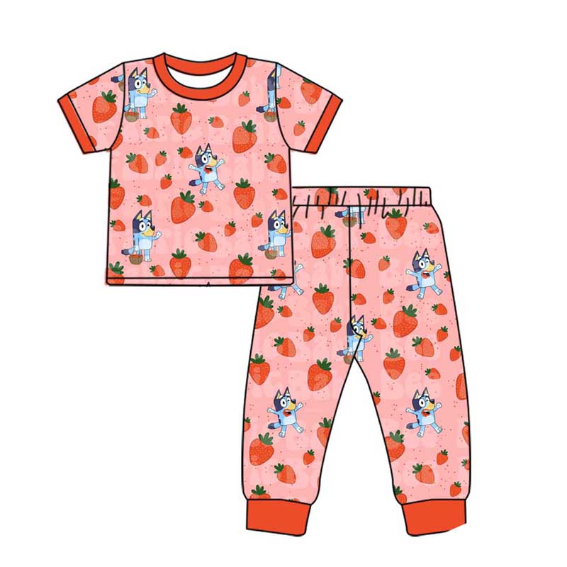 Baby Girl Short Sleeves Strawberry Dog Shirt Pants Pajamas Set Moq 5