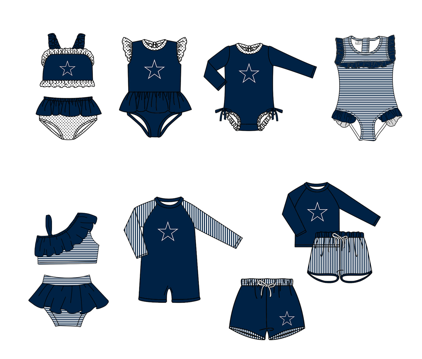 ( Moq 5 Each Style ) Baby Boys Girls Kids Team Sibling Jumpsuits Sets Swimsuits Navy Clothes