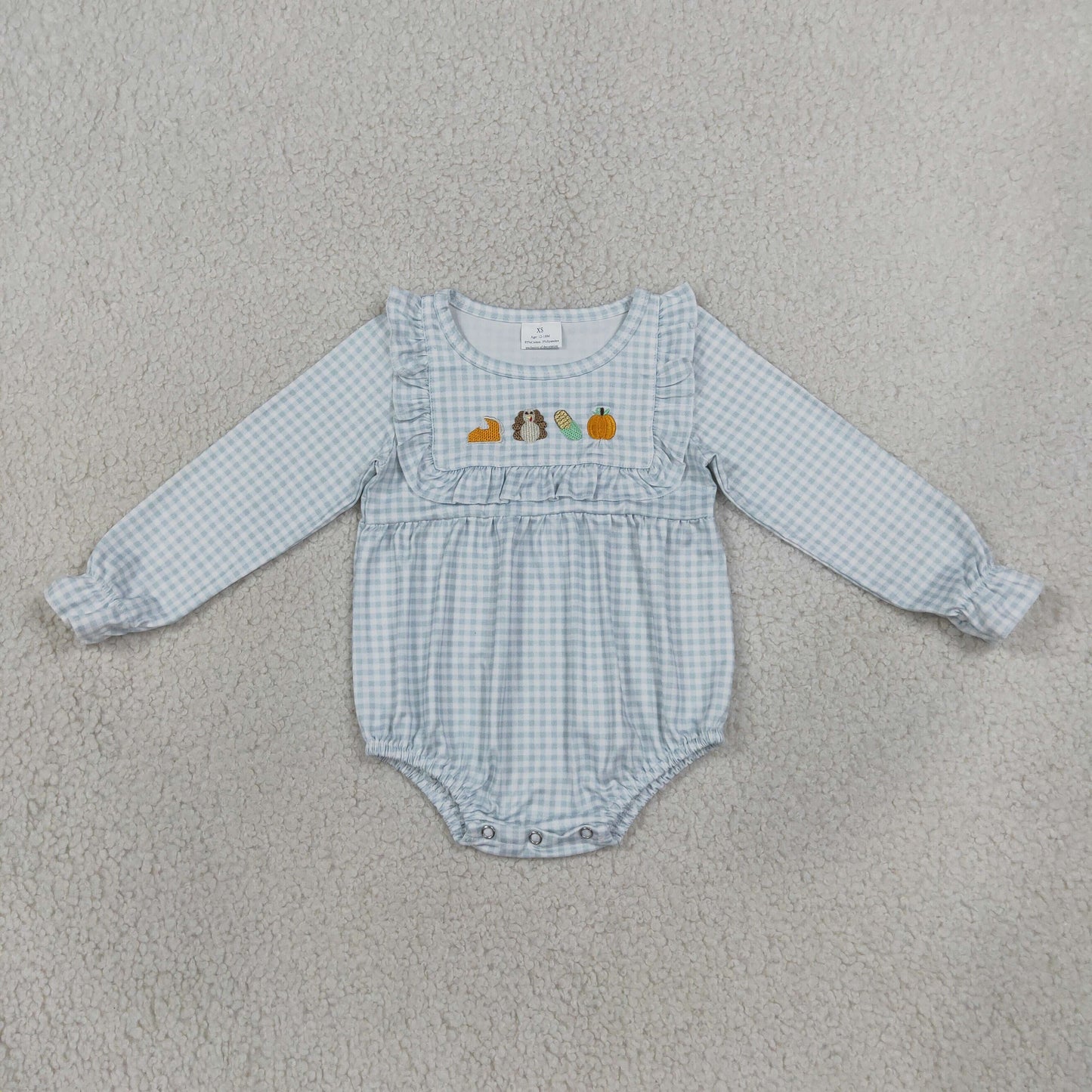 Baby Girls Infant Embroidery turkey Pumpkin Plaid Bubble Romper Fall Clothes RTS