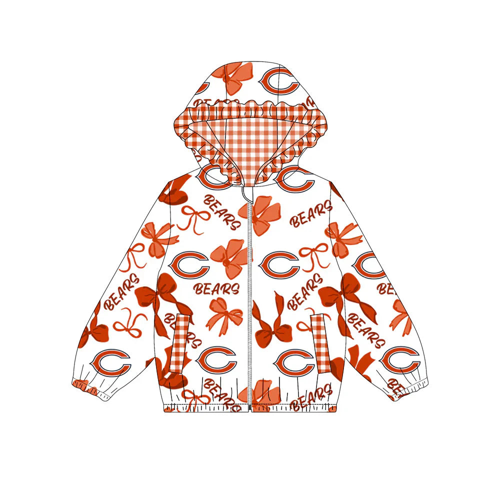 ( Moq 5 ) Baby Girls Kids Bows Cheer Pockets Orange Checked Hoodie Zipper Team Jacket Tops
