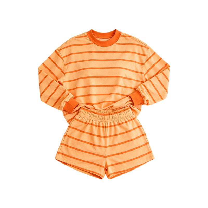 ( Moq 5 ) Preorder Adult Women Long Sleeves Shirt Orange Stripes Shorts Yoga Active Set