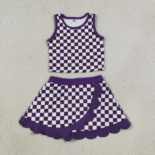 Baby Girls Kids Sleeveless Purple Checked Shirt Scallop Skirt Shorts Yoga Active Set Clothes RTS