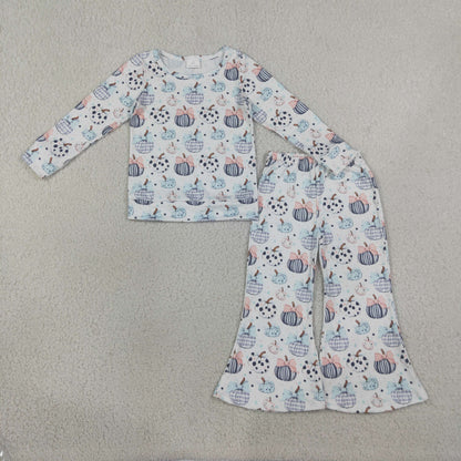 Sibling Baby Girls Kids Pumpkins Bows Shirt Bell Pants Fall Set Zipper Romper Clothes RTS