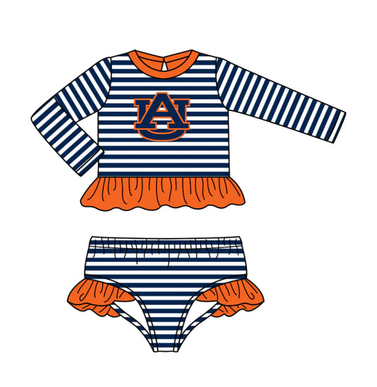 ( Moq 5 ) Baby Girls Kids Stripes Long Sleeves AU Ruffle Tops Shorts Team Set Swimsuit