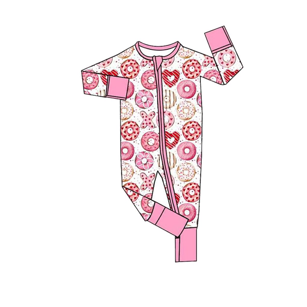 ( Moq 5 ) Preorder Baby Girls Kids Long Sleeves Donuts Zipper Footie Romper Valentine Clothes