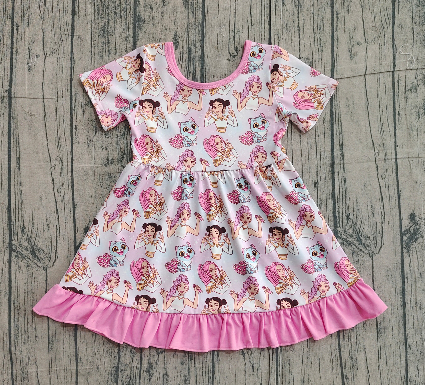 Baby Girls Kids Short Sleeves Singer Hearts Ruffle Knee Length Dress RTS