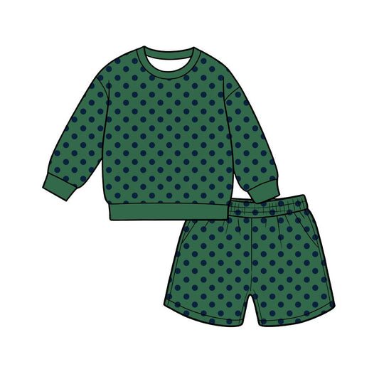 ( Moq 5 ) Preorder Adult Women Green Long Sleeves Navy Dots Shirt Pockets Shorts Set Clothes