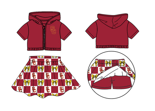 ( Moq 5 Each Style ) Baby Girls Kids Short Sleeves Hoodie Zipper Tops Yellow Bows Plaid Shorts Skirt Team Set