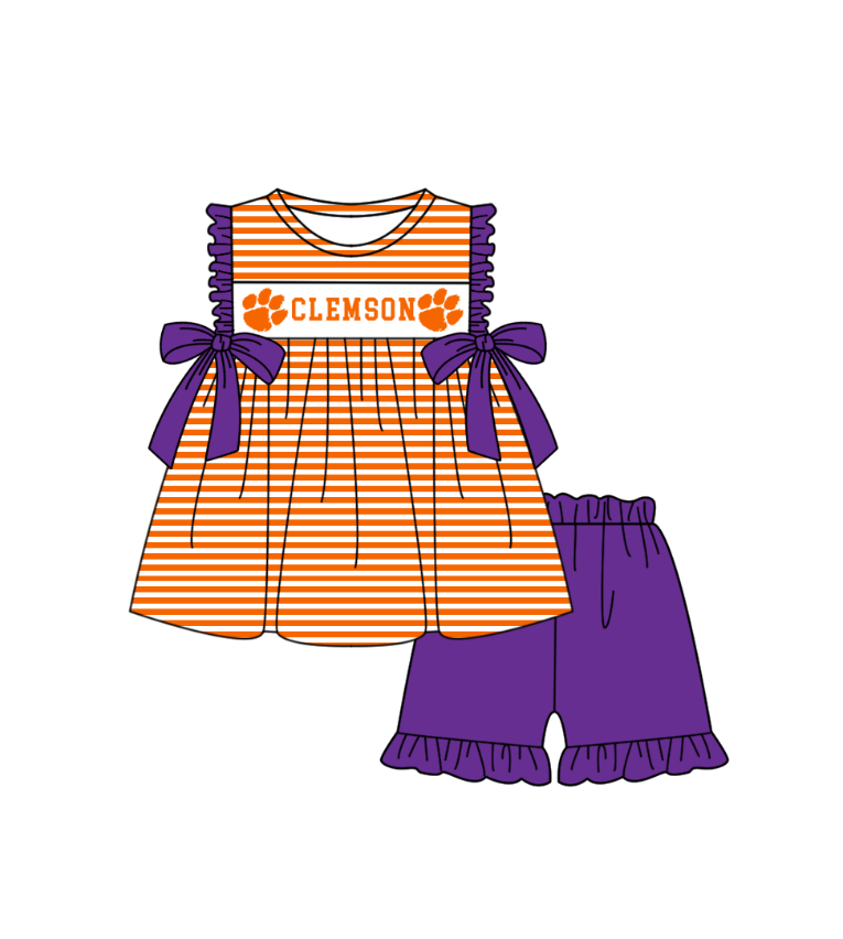 ( Moq 5 ) Baby Girls Toddler Short Sleeves Orange Stripes Purple Bows Tunic Red Shorts Team Set