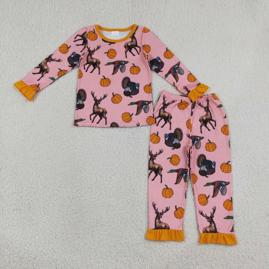 Baby Girls Kids Pumpkins turkey Ducks Deer Shirt Pants Set Pajamas Fall Clothes RTS