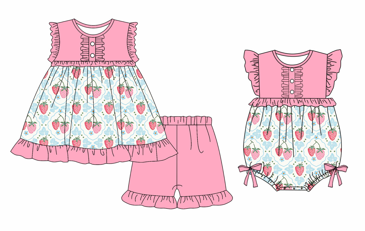 ( Moq 5 Each Style ) Baby Girls Kids Strawberry Flower Sibling Summer Romper Set
