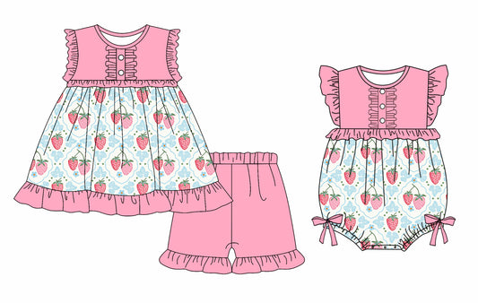 ( Moq 5 Each Style ) Baby Girls Kids Strawberry Flower Sibling Summer Romper Set