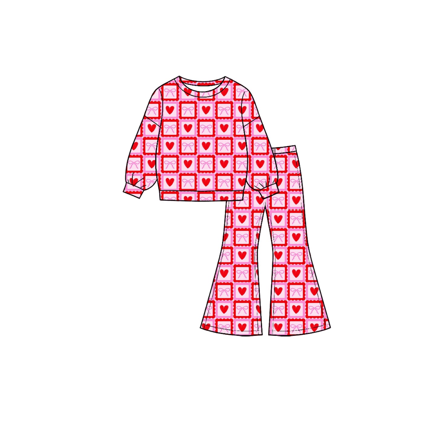( Moq 5 ) Preorder Baby Girls Kids Long Sleeves Hearts Bows Tops Bell Pants Set Valentine Clothes