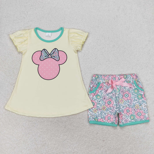 Baby Girl Mouse Light Yellow Tops Floral Pocket Shorts Set