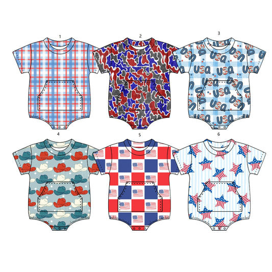 Baby Boys Kids Short Sleeves Stars Flags 4th of July Bubble Rompers