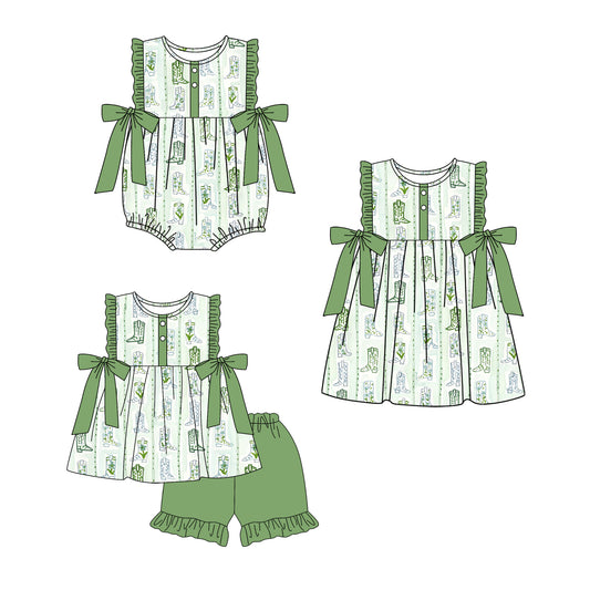 ( Moq 5 Each Style ) Sibling Baby Girls Kids Boots Green Bows Romper Dress Set Clothes