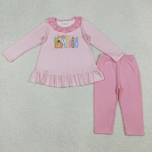 Baby Girl Long Sleeves Stripes Embroidery Pumpkin Tunic Pink Pants Set RTS