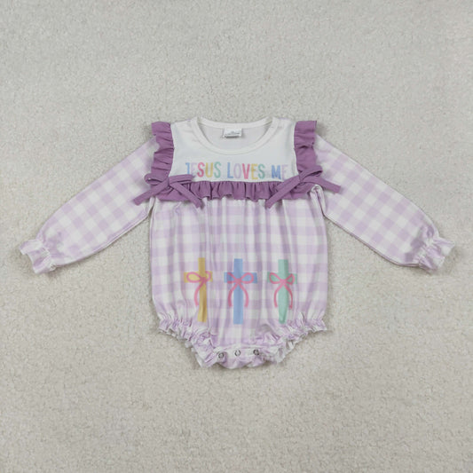 Baby Girls Infant Long Sleeves Jesus Loves Me Purple Plaid Cross Easter Romper RTS