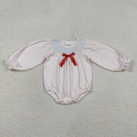 Baby Girls Infant Long Sleeves Embroidery Plaid Bow Stripes Bubble Embroidery Romper