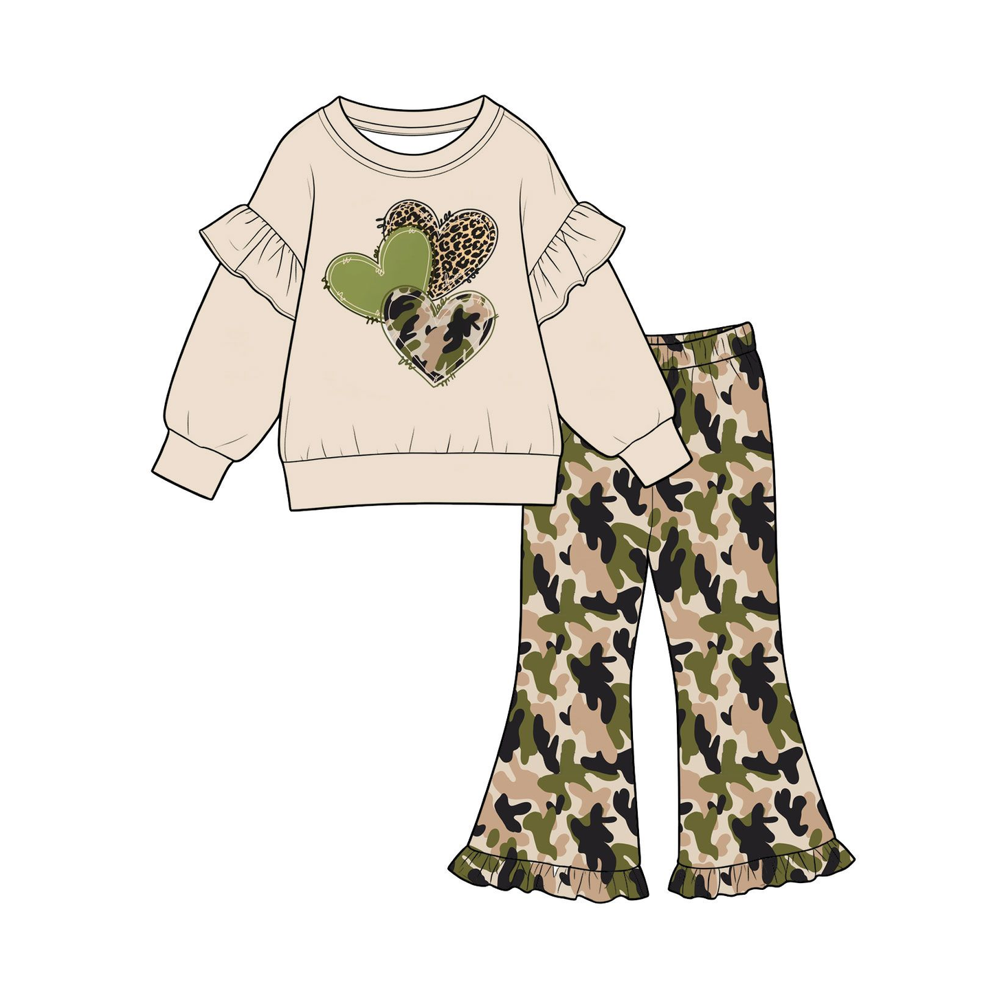 ( Moq 5 ) Preorder Baby Girls Kids Valentine Long Sleeves Hearts Shirt Camo Pants Set Clothes