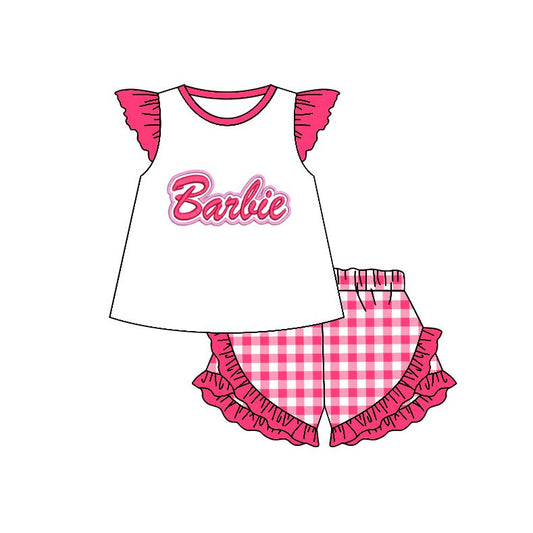 Moq 3 Pre-order GSSO0477 Baby Girl Doll Tops Pink Plaid Shorts Summer Set