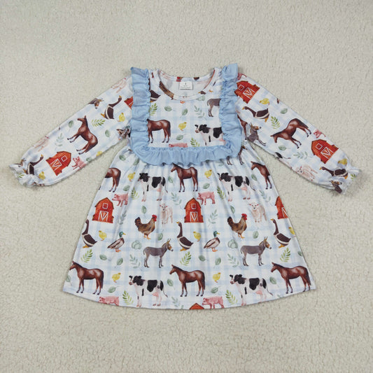 Baby Girl Long Sleeves Farm Animals Blue Ruffle Knee Length Dress RTS