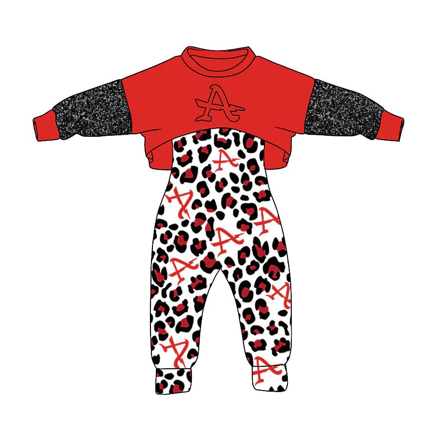Baby Girl Long Sleeves Team A Tops Leopard Jumpsuit Clothes Set ( Moq 5 )