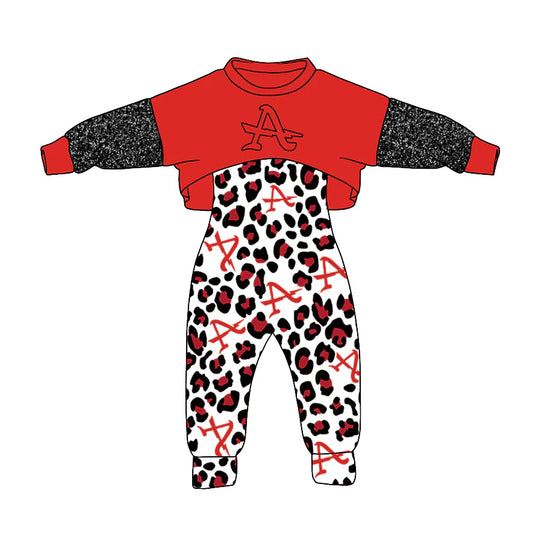 Baby Girl Long Sleeves Team A Tops Leopard Jumpsuit Clothes Set ( Moq 5 )