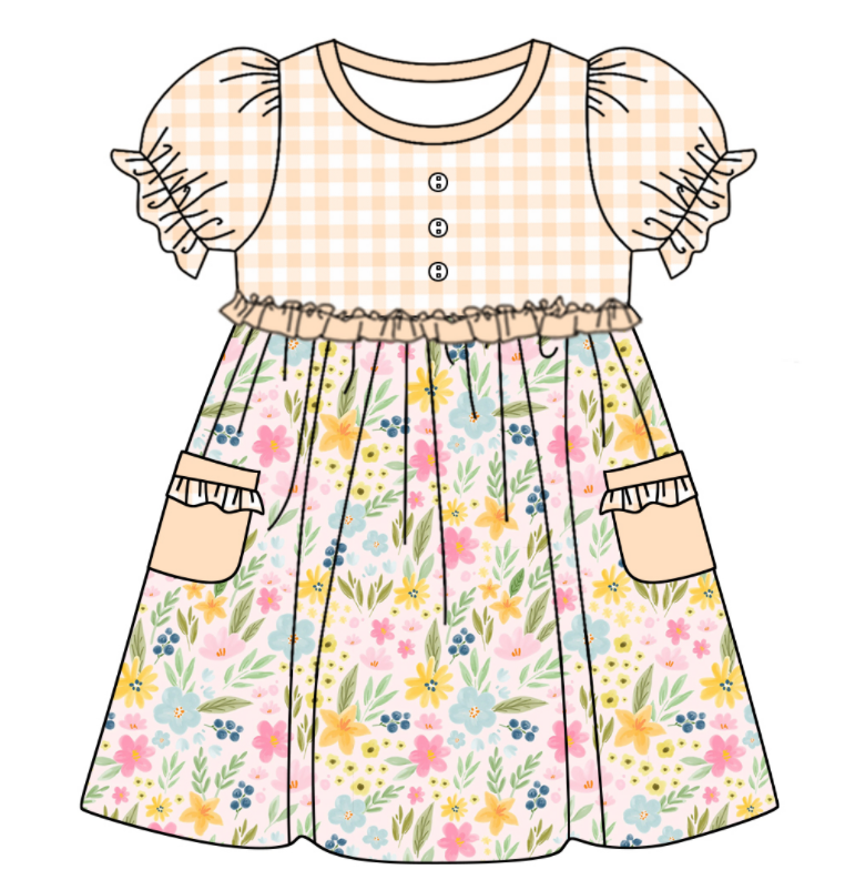 Baby Girl Short Sleeves Flower Plaid Sibling Romper Dress Clothes Set ( Moq 5 Each Design )11.21