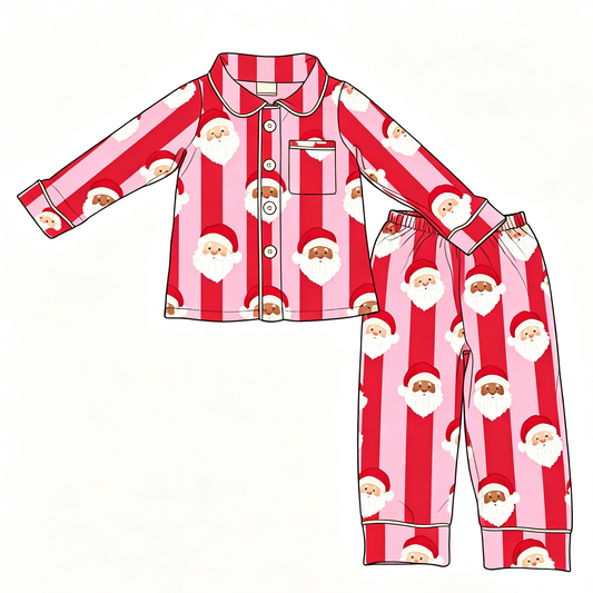 ( Moq 5 ) Custom Baby Girls Kids Santa Stripes Buttons Shirt Pants Set Christmas Pajamas Clothes