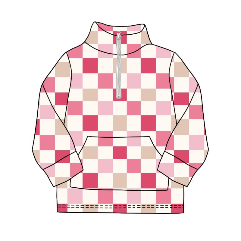 Baby Girl Long Sleeves Pink Checkered Pullover Zipper Tee Shirt