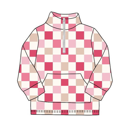 Baby Girl Long Sleeves Pink Checkered Pullover Zipper Tee Shirt