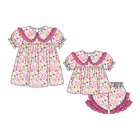 ( Moq 5 Each Style ) Baby Girls Kids Flower Goose Bows Short Sleeves Sibling Summer Dress Set