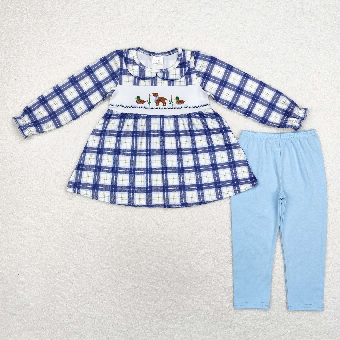 Baby Girl Long Sleeves Checkered Embroidery Duck Dog Tunic Blue Legging Set