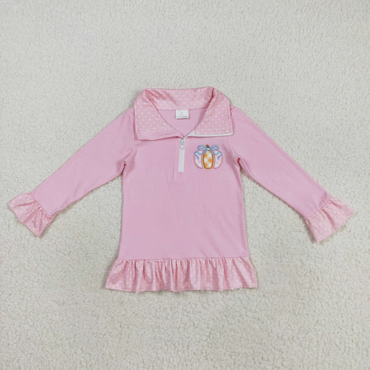Baby Girl Long Sleeves Plaid Embroidery Pumpkin Fall Zipper Pink Shirt Tops RTS