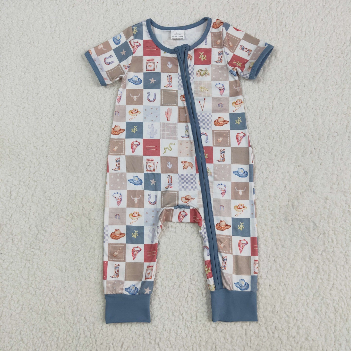 Baby Boy Infant Short Sleeves Western Boots Cactus Zipper Romper RTS