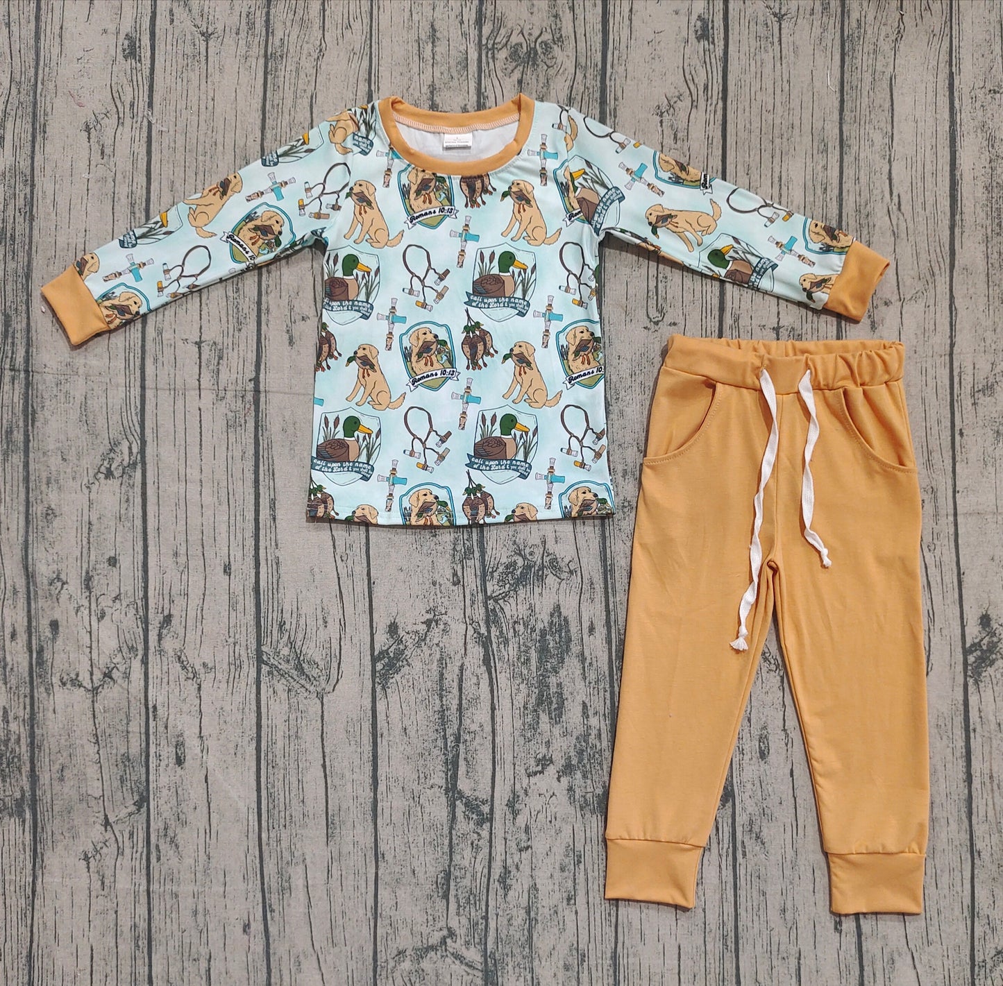 ( No moq ) Preorder Baby Boy Long Sleeves Dogs Ducks Shirt Pockets Pants Hunting Set