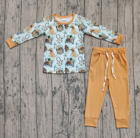 ( No moq ) Preorder Baby Boy Long Sleeves Dogs Ducks Shirt Pockets Pants Hunting Set