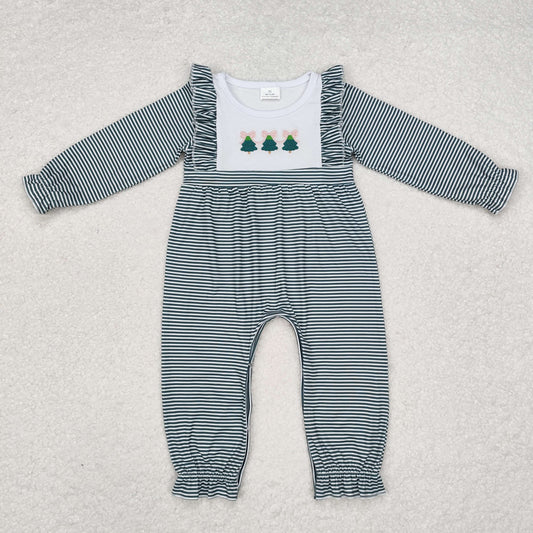 Baby Girl Embroidery Christmas Tree Green Stripes Romper