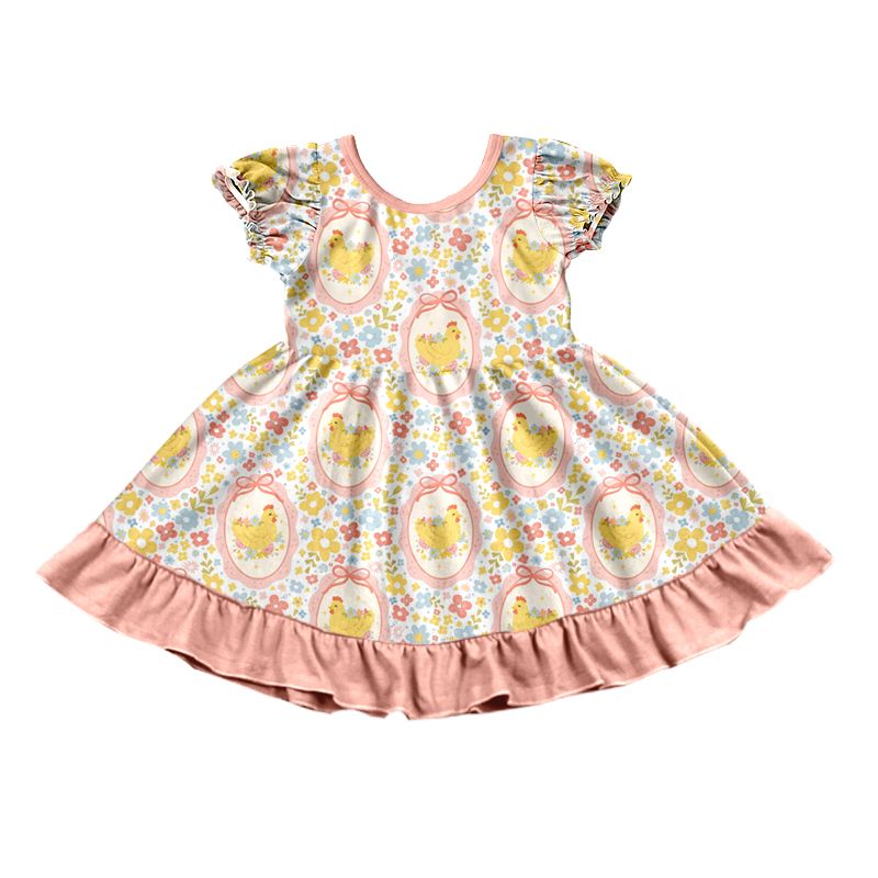 ( Moq 5 ) Preorder Baby Girls Kids Chicken Flower Bows Easter Knee Length Dress Clothes