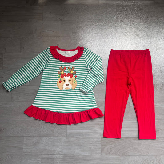 ( No moq ) Preorder Baby Girls Kids Embroidery Dog Stripes Tunic Red Pants Set Christmas Clothes