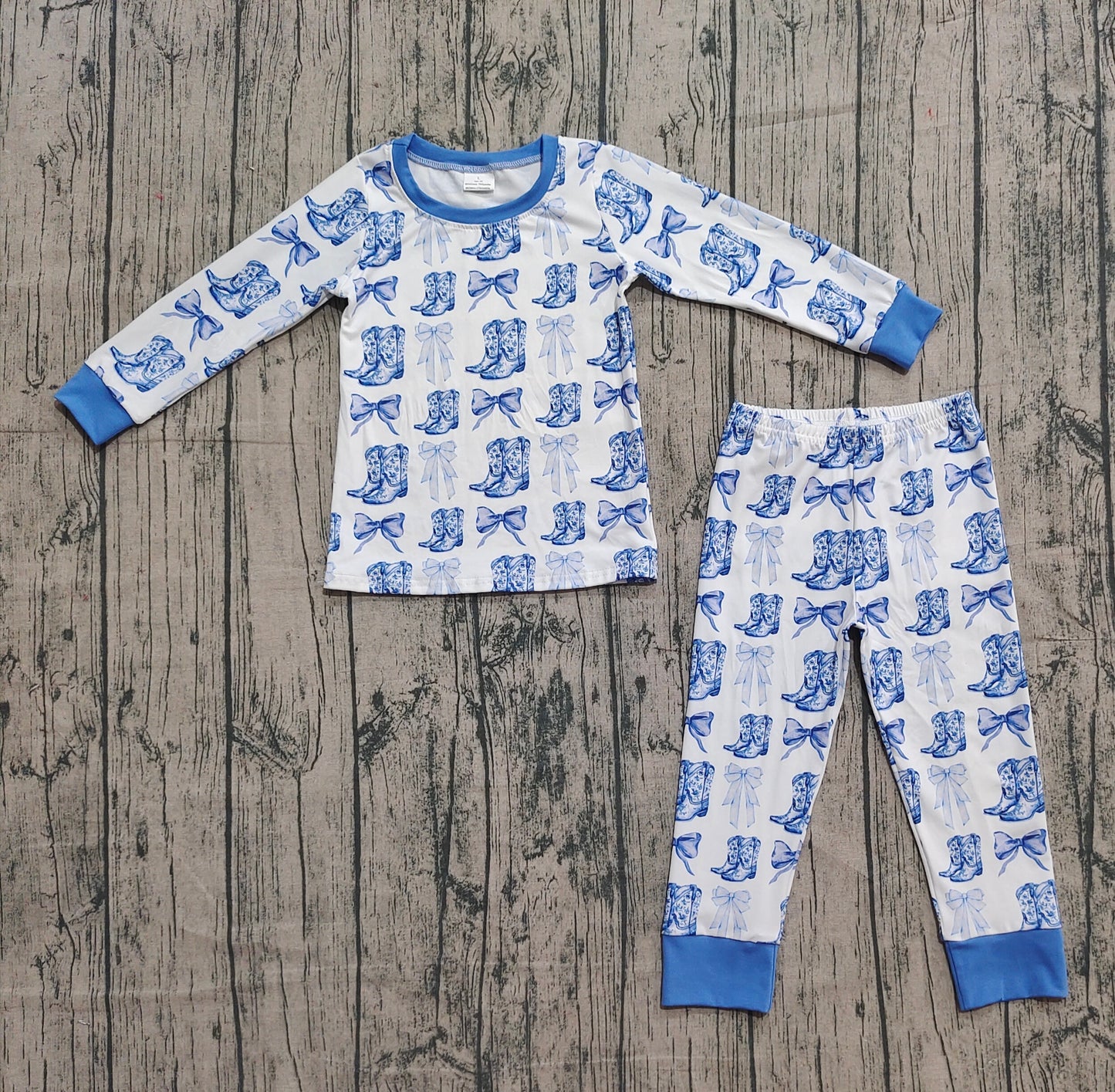 Baby Girl Long Sleeves Blue Bows Boots Shirt Pants Western Pajamas Clothes Set RTS