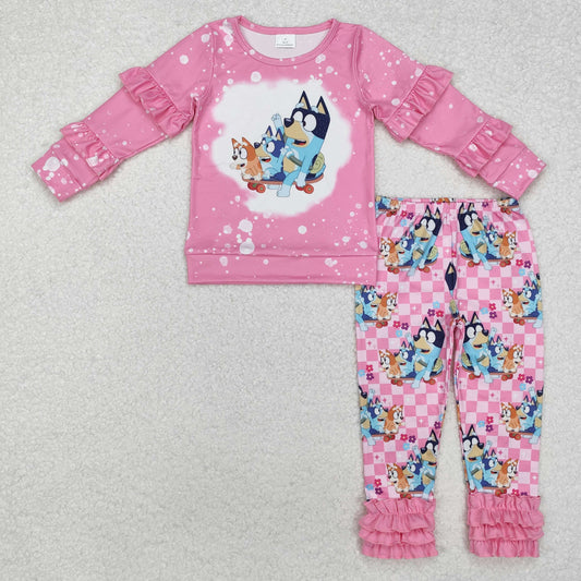 Baby Girl Long Sleeves Dogs Ruffle Shirt Dad Legging Clothes Pink Set