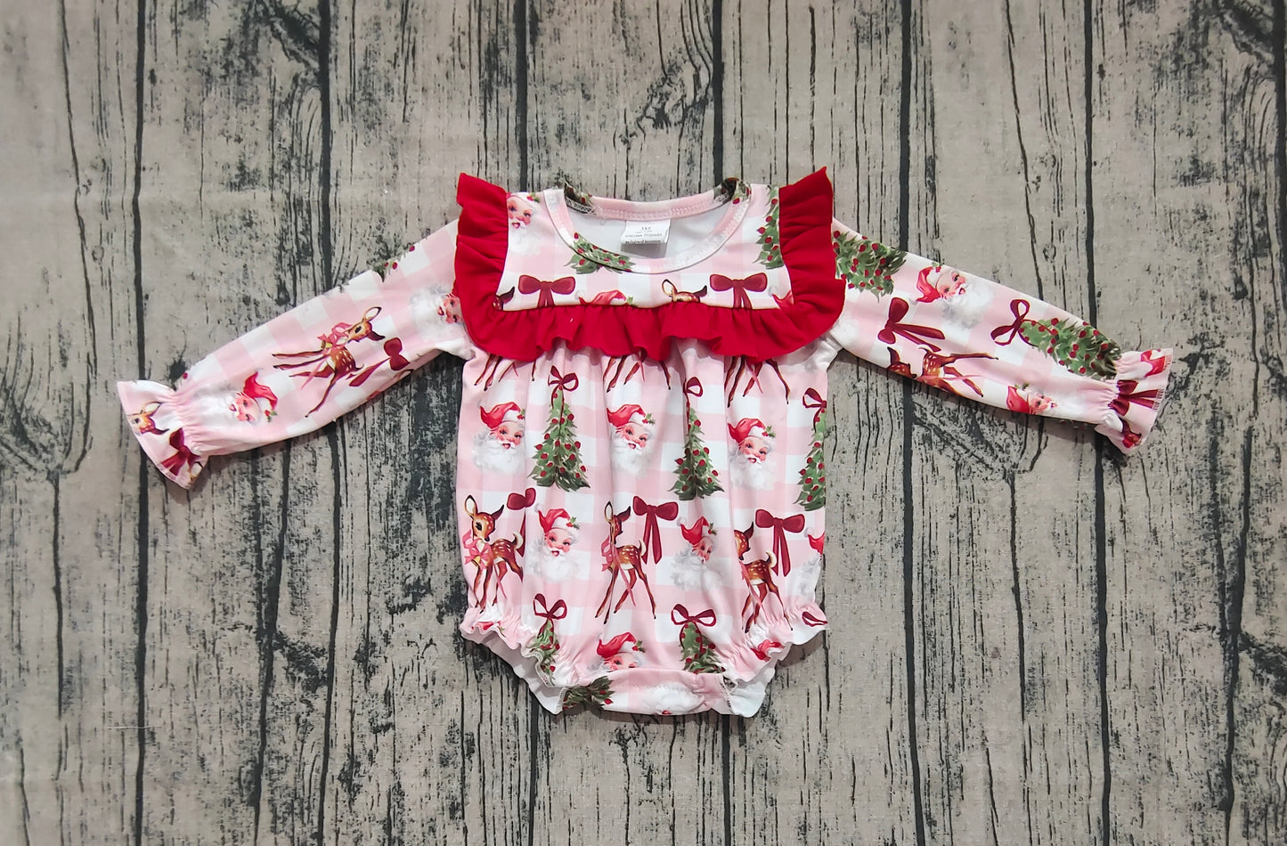 Baby Girl Long Sleeves Santa Trees Plaid Christmas Ruffle Bubble Romper RTS